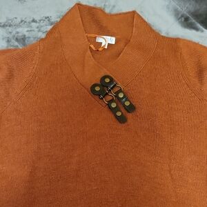 Kenar Women's V-Neck Sweater in Burnt Orange with Leather Toggle Detail